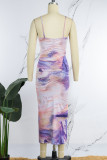 Purple Yellow Sexy Print Backless Spaghetti Strap Sleeveless Dress Dresses