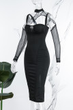 Black Sexy Solid Patchwork Slit Half A Turtleneck Long Sleeve Two Pieces