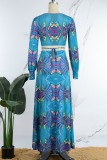 Peacock Blue Sexy Print Frenulum V Neck Long Sleeve Two Pieces