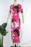 Rose Red Casual Print Basic O Neck Short Sleeve Dress