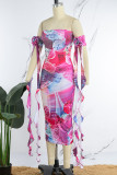 Rose Red Sexy Casual Print Backless Strapless Wrapped Skirt Dresses