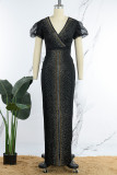 Red Casual Patchwork Hot Drilling Slit V Neck Long Dress Dresses