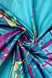 Peacock Blue Sexy Print Frenulum V Neck Long Sleeve Two Pieces