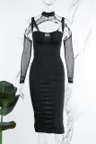 Black Sexy Solid Patchwork Slit Half A Turtleneck Long Sleeve Two Pieces