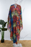 Multicolor Casual Print Cardigan Plus Size Two Pieces