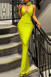 Yellow Sexy Solid Bandage Patchwork Backless Halter Wrapped Skirt Dresses