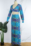Peacock Blue Sexy Print Frenulum V Neck Long Sleeve Two Pieces