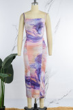 Purple Yellow Sexy Print Backless Spaghetti Strap Sleeveless Dress Dresses