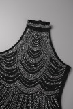 Red Sexy Patchwork Hot Drilling Tassel Half A Turtleneck Sleeveless Dress Dresses