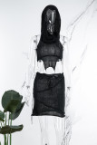 Grey Sexy Solid Asymmetrical Hooded Collar Sleeveless Two Pieces