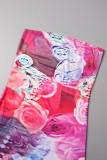 Rose Red Sexy Casual Print Backless Strapless Wrapped Skirt Dresses