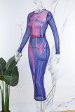 Powder Blue Sexy Casual Print See-through O Neck Long Sleeve Two Pieces