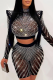 Black Elegant Solid Mesh Hot Drill Half A Turtleneck Long Sleeve Two Pieces