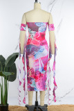 Rose Red Sexy Casual Print Backless Strapless Wrapped Skirt Dresses