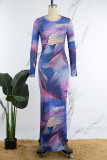 Purple Casual Print Basic O Neck Long Sleeve Dresses