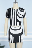 Black White Street Print Patchwork O Neck Sleeveless Two Pieces