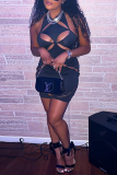 Black Sexy Solid Hollowed Out Backless Halter One Step Skirt Dresses