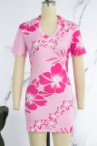 Pink Casual Print Basic V Neck Short Sleeve Dress