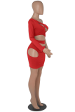 Red Sexy Solid Hollowed Out Patchwork Oblique Collar One Step Skirt Dresses