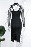 Black Sexy Solid Patchwork Slit Half A Turtleneck Long Sleeve Two Pieces