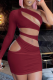 Burgundy Sexy Solid Hollowed Out Patchwork Oblique Collar One Step Skirt Dresses