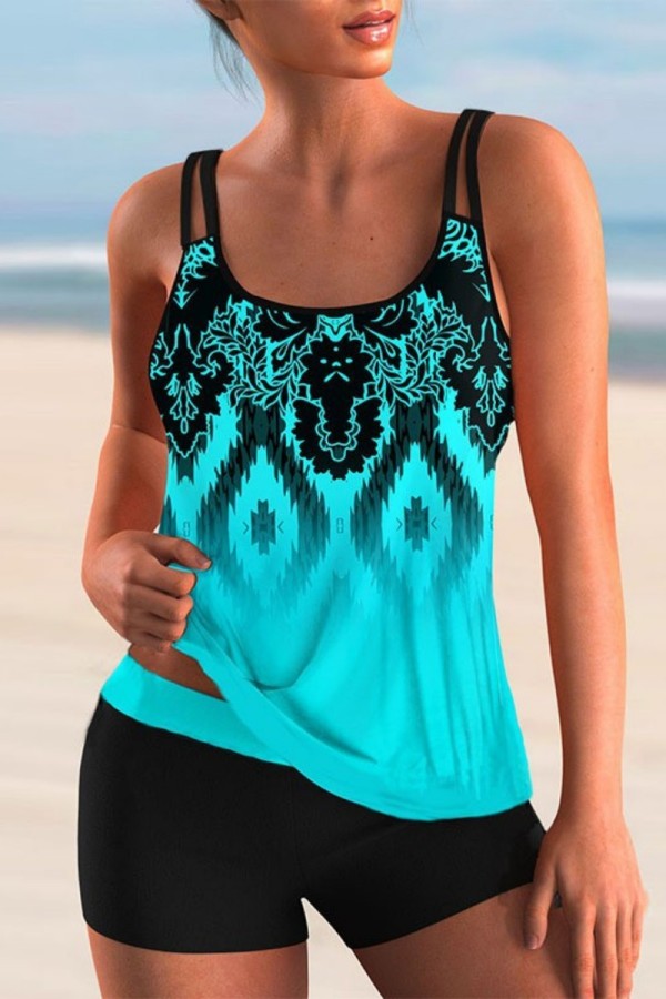 Blue Casual Print Backless Swimwears (With Paddings)