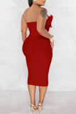 Red Elegant Solid Patchwork Feathers Backless Strapless Wrapped Skirt Dresses