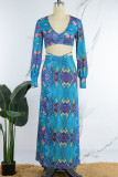 Peacock Blue Sexy Print Frenulum V Neck Long Sleeve Two Pieces