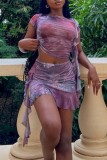Purple Sexy Print Patchwork O Neck Short Sleeve Two Pieces
