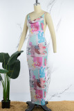 Colour Sexy Print Backless Spaghetti Strap Long Dress Dresses