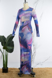Purple Casual Print Basic O Neck Long Sleeve Dresses