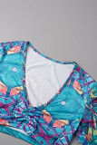 Peacock Blue Sexy Print Frenulum V Neck Long Sleeve Two Pieces