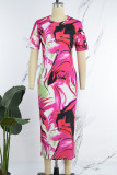 Rose Red Casual Print Basic O Neck Short Sleeve Dress