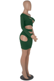 Army Green Sexy Solid Hollowed Out Patchwork Oblique Collar One Step Skirt Dresses