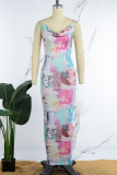Colour Sexy Print Backless Spaghetti Strap Long Dress Dresses