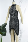 Red Sexy Patchwork Hot Drilling Tassel Half A Turtleneck Sleeveless Dress Dresses