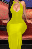 Yellow Sexy Solid Bandage Patchwork Backless Halter Wrapped Skirt Dresses