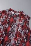 Red Casual Print Basic Half A Turtleneck Long Dress Plus Size Dresses