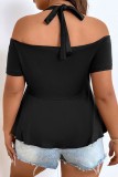 Black Casual Solid Patchwork Off the Shoulder Plus Size Tops