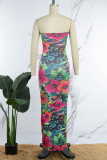 Multicolor Sexy Casual Print Hollowed Out Backless Strapless Long Dress Dresses