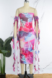 Rose Red Sexy Casual Print Backless Strapless Wrapped Skirt Dresses