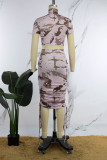 Camouflage Casual Camouflage Print Basic Turtleneck Short Sleeve Two Pieces
