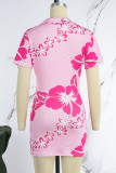 Pink Casual Print Basic V Neck Short Sleeve Dress
