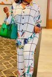 White Casual Print Patchwork Turndown Collar Long Sleeve Two Pieces