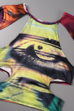 Multicolor Street Print Hollowed Out Patchwork O Neck High Waist Tops