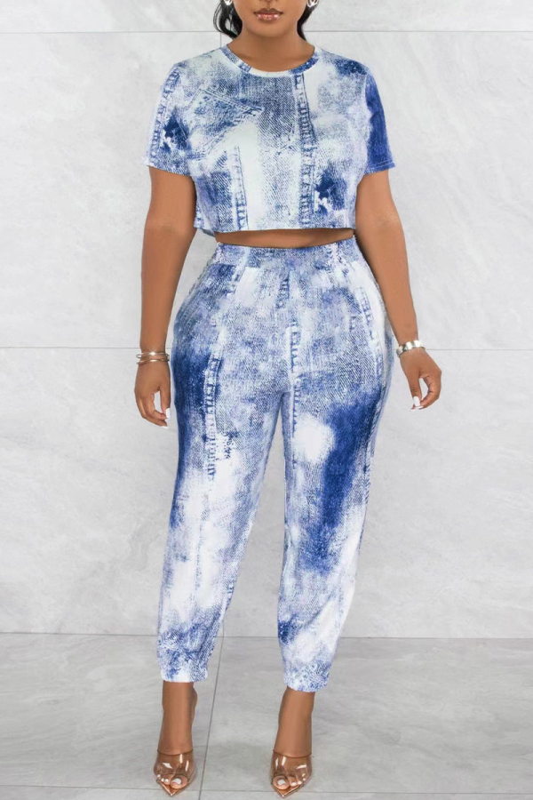 The cowboy blue Casual Print Patchwork O Neck Short Sleeve Two Pieces