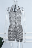 Pink Sexy Striped See-through Backless Strap Design Spaghetti Strap Skinny Rompers