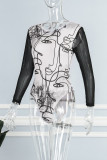 White Sexy Print Frenulum Backless Half A Turtleneck Skinny Bodysuits