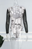 White Sexy Print Frenulum Backless Half A Turtleneck Skinny Bodysuits
