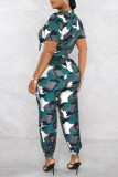 Army Green Casual Print Patchwork O Neck Short Sleeve Two Pieces